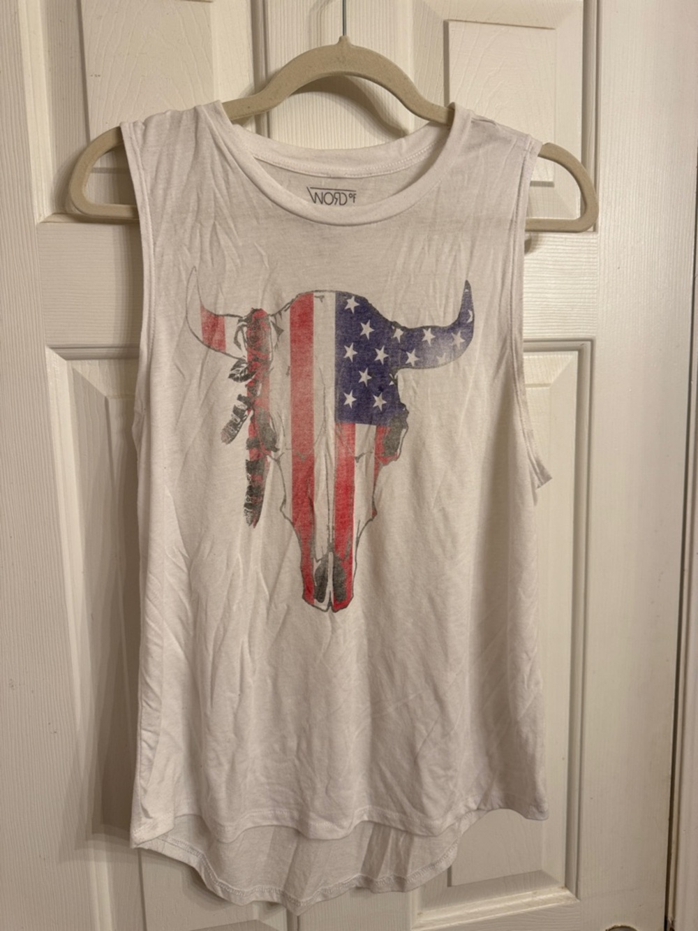 NOR White Tank Top with Red & Blue American Flag Bull Skull